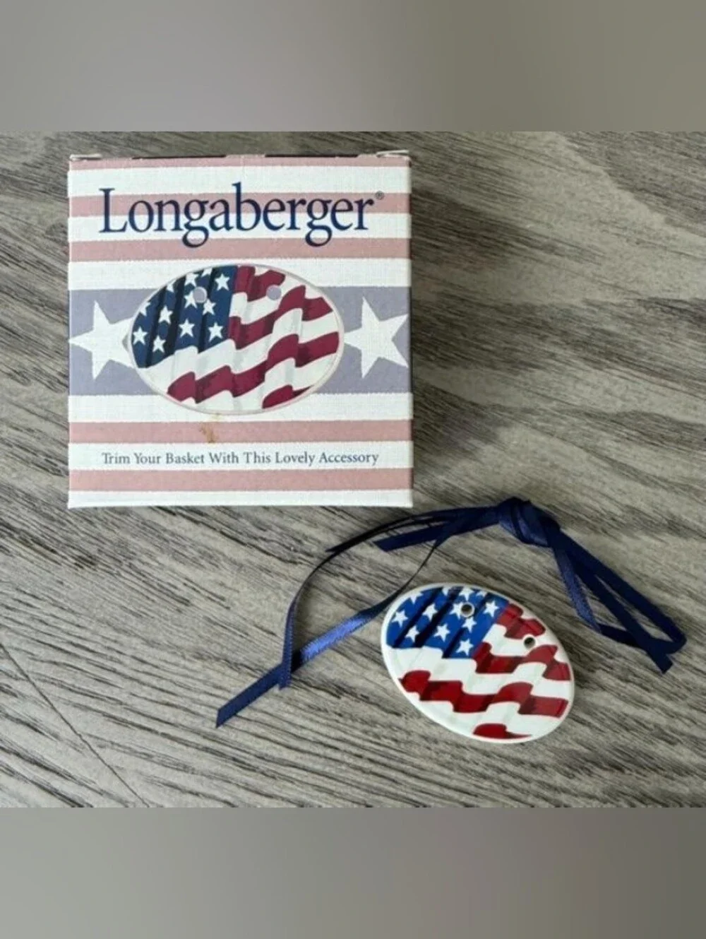Longaberger Vintage Americana Ceramic Tie-On Set of 2 Flag 2000 Boxed Never Used